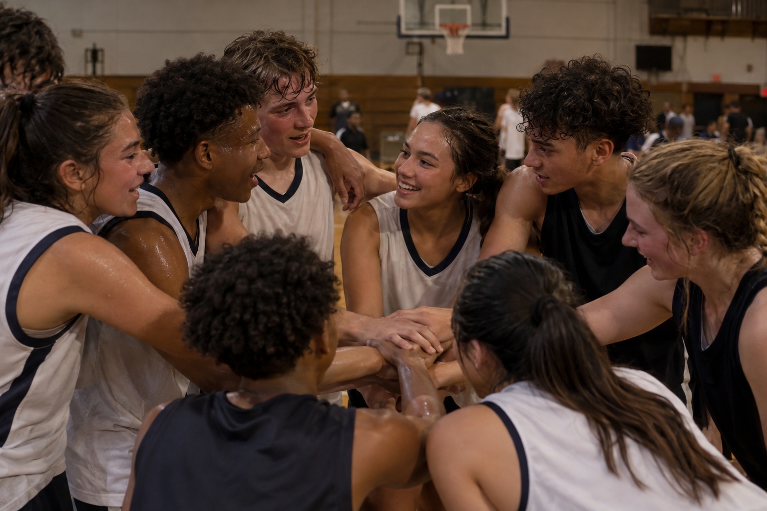 Boys and girls basketball players huddled together after a game
